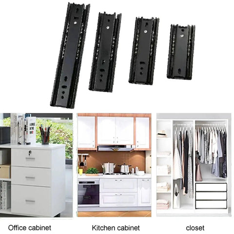 2 Pack Full Extension Drawer Slides 5/6/8 Inch Short Guide Rails For Smooth No Jam Drawer Motion In Kitchen Office And Workshop Cabinets 200mm Easy Glide Metal Sliders shown with office, kitchen, and closet cabinets.