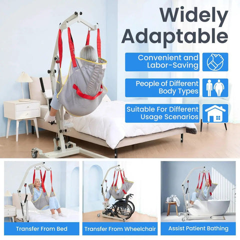 Heavy Duty Electric Patient Transfer Lift With Sling 510 Lbs Capacity in use for easy bed to wheelchair transfer.