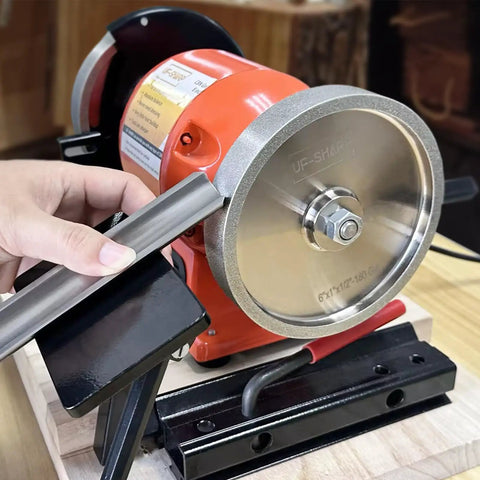 Heavy Duty Woodturning And Carving Tool Sharpening Jig For 6 Inch To 8 Inch Bench Grinders in use with a bench grinder.
