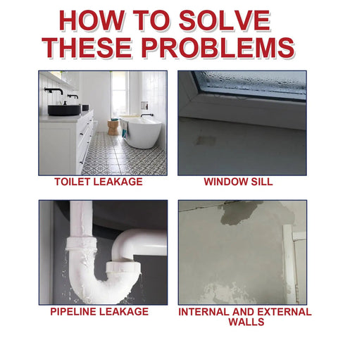 Solutions for toilet leakage, window sill, pipeline leakage, and internal walls using Go To Spray Sealant For Roofs And Gutters Quick Leak Stop Barrier Coating Drywall Gap Filler Window Frame Tile Concrete Flexible Liquid Adhesive For Indoor Outdoor Use.