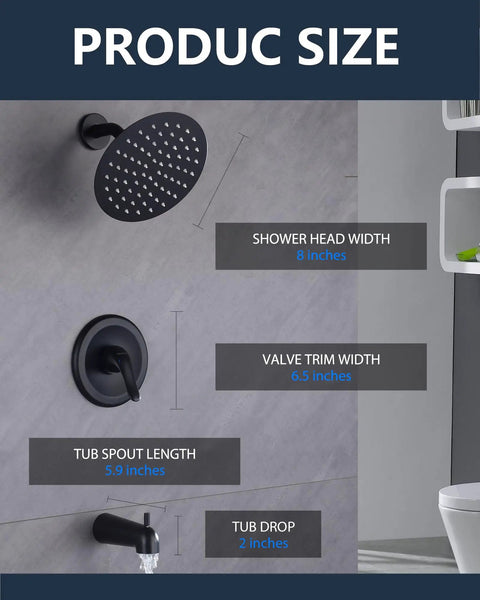 Black Bathtub And Shower Trim System Style 9 For An Easy Dope Bathroom Remodel, dimensions of shower head, valve trim, spout, and drop