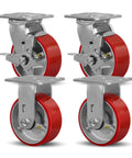 Five Inch By Two Inch Caster Set Of Four Heavy Duty Industrial Casters With Non Marking Polyurethane Tread On Silver Cast Iron Core Two Rigid And Two Swivel Top Lock Brakes Capable Of Four Thousand Lbs