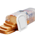 Bread Box Storage Keeps Fresh Loaf In Original Bag One And A Half Pound Sandwich Size with white lid and sliced bread inside.