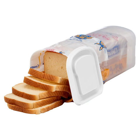 Bread Box Storage Keeps Fresh Loaf In Original Bag One And A Half Pound Sandwich Size with white lid and sliced bread inside.