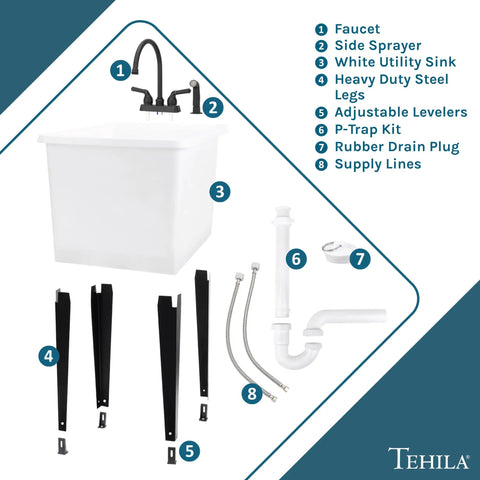 Space Saving Utility Sink With Gooseneck Faucet And Side Sprayer Narrow White Tub Black Faucet Durable Thermoplastic Construction Handy Compact Design For Tiny Kitchens And Laundry Areas showing components and accessories.