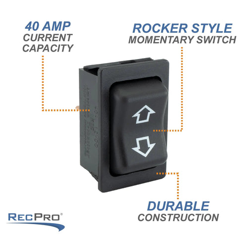 40 Amp RV Reversing Motor Closed Circuit Switch for Awnings and Slide Outs, Black Momentary Rocker Toggle, Up and Down Control