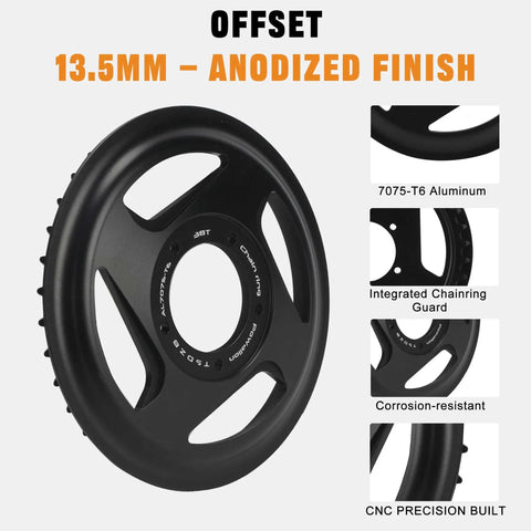 38T Offset Chainring For Tongsheng Varstrom TSDZ-8 750W Mid Drive Motor, CNC 7075-T6 Aluminum, showing anodized finish and details.
