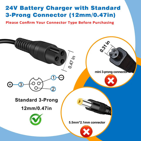 Diagram of 24V Scooter Charger For Electric Scooters And Dirt Bikes Compatible With MX350 MX400 showing 3-prong connectors.