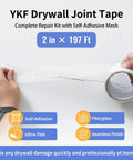 Hands holding YKF Drywall Joint Tape with self-adhesive mesh, dimensions 2 inch by 197 feet, shown on a white background.