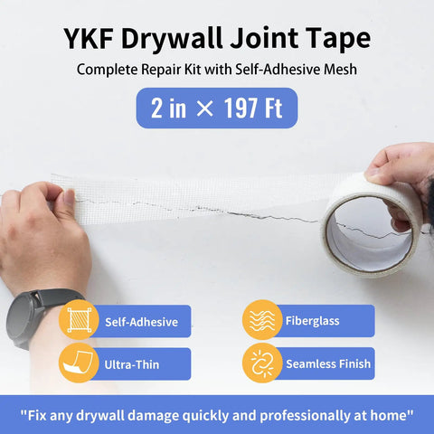 Hands holding YKF Drywall Joint Tape with self-adhesive mesh, dimensions 2 inch by 197 feet, shown on a white background.