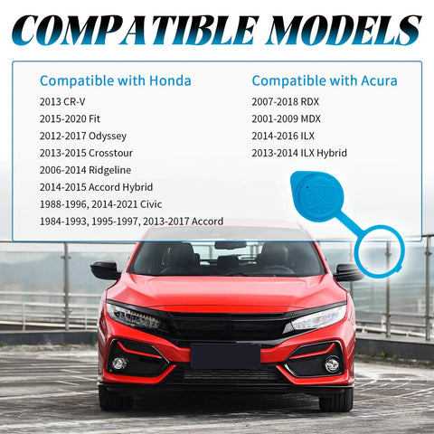 Windshield Washer Fluid Cap Replacement OEM 38513-SC4-672 compatible models Acura RDX Honda Civic CR-V shown in diagram.