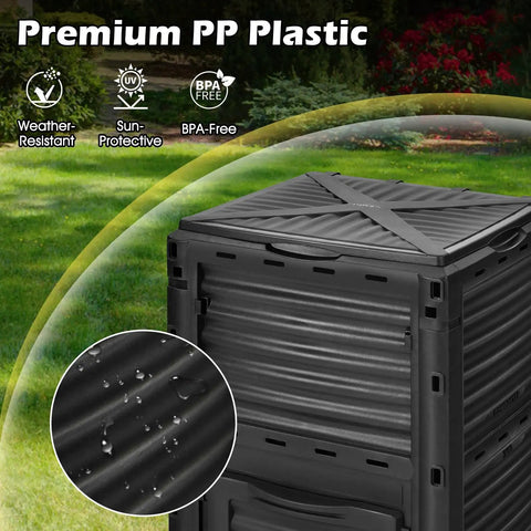 Outdoor Compost Bin 80 Gallon Aerated Compost Box With Top Flip Lid shown in garden, highlighting weather-resistant premium PP plastic.
