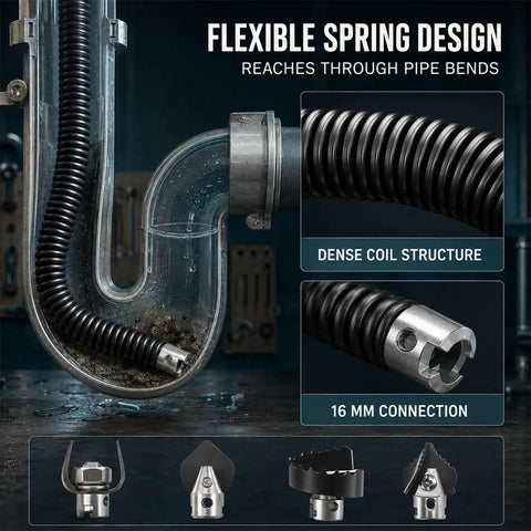 Heavy Duty Drain Cleaning Heads For K Pipe Snakes showing flexible spring design with dense coil structure and 16 mm connection.