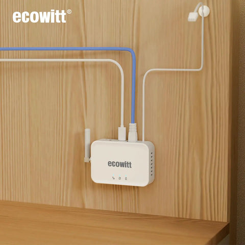 GW3000 Weather Station Gateway with Wi Fi and Ethernet, installed on wall, showing cables and Ecowitt branding.