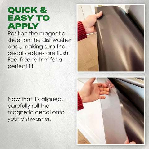 23x28 Magnetic Dishwasher Door Cover in Brushed Silver being placed on dishwasher front for perfect fit.