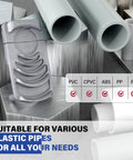 Side view of PVC pipe deburring tool beside plastic pipes (1 1/4 in–4 in) for PVC/CPVC/ABS/PP/PE