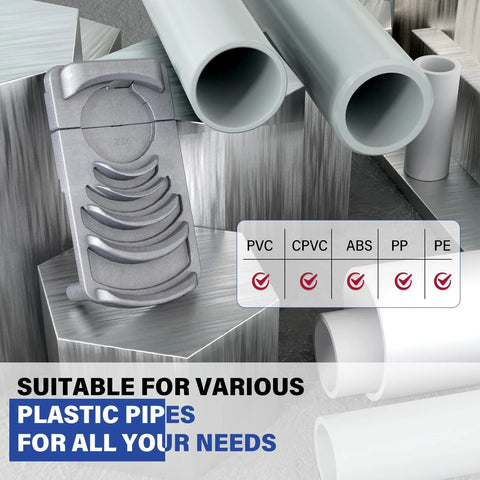 Side view of PVC pipe deburring tool beside plastic pipes (1 1/4 in–4 in) for PVC/CPVC/ABS/PP/PE