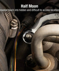 Metric Half Moon Wrench Set 5 Piece in action on automotive engine, showcasing curved design for maximum access in tight spots.