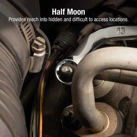 Metric Half Moon Wrench Set 5 Piece in action on automotive engine, showcasing curved design for maximum access in tight spots.