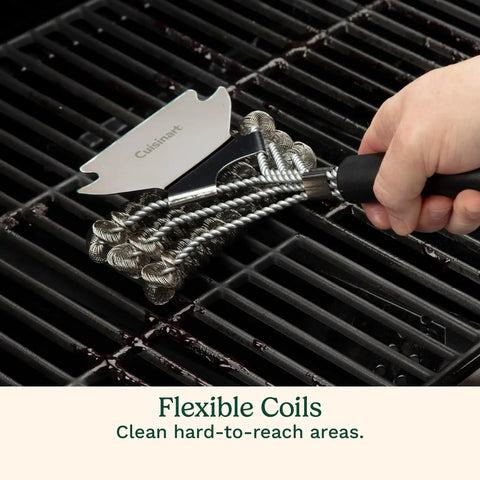 Triple Coil Grill Brush 17 Inch Stainless Steel Bristle Free Scraper used on barbecue grate, close-up of flexible coils