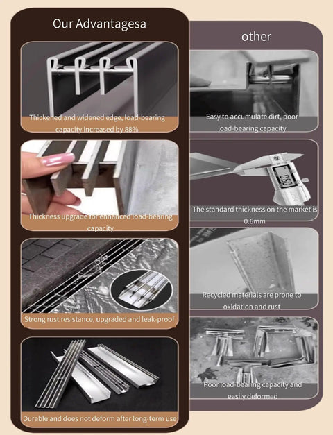 Comparison of stainless steel trench drain system advantages over other models, highlighting load capacity and rust resistance.