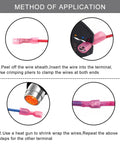 Method of application for Heavy Duty Top Shelf 100 Piece Kit Of Fully Insulated Heat Shrink Spade Connectors with detailed steps.