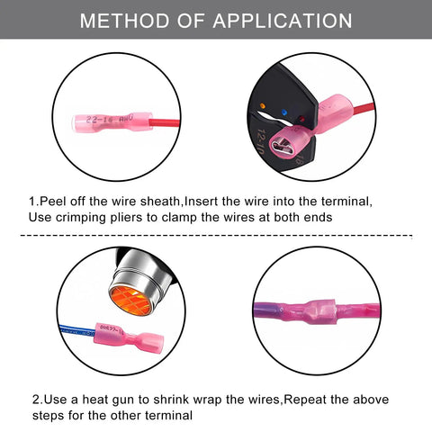 Method of application for Heavy Duty Top Shelf 100 Piece Kit Of Fully Insulated Heat Shrink Spade Connectors with detailed steps.