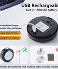 Round USB rechargeable light with 1500mAh battery, charging cable, and indicator lights for charging status and power.