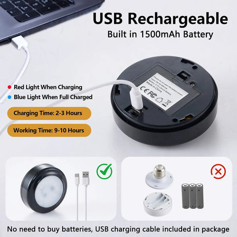 Round USB rechargeable light with 1500mAh battery, charging cable, and indicator lights for charging status and power.