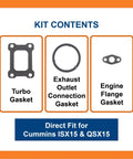 BTS-ISXTB622 Turbo Gasket Kit contents: turbo gasket, exhaust outlet gasket, engine flange gasket for Cummins ISX15/QSX15