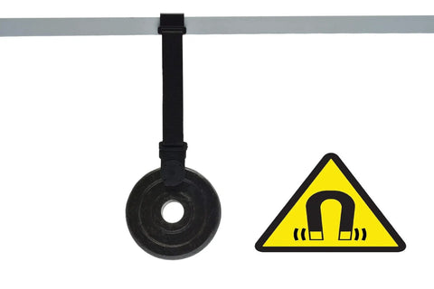 Magnetic Multimeter Hanging Strap Kit With Dual Magnet Loop And Clip, attached to a metal bar, shown with magnet symbol.
