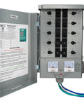Backup Power Transfer Switch Kit 50 Amp with 10 Circuits delivers 12,500 Watt total shown with open panel and wiring details