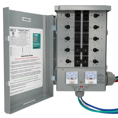 Backup Power Transfer Switch Kit 50 Amp with 10 Circuits delivers 12,500 Watt total shown with open panel and wiring details