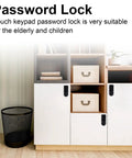 Rock Solid Electronic Cabinet Deadbolt Digital Touch Keypad Password Lock Keyless Entry Panel on wooden storage unit.