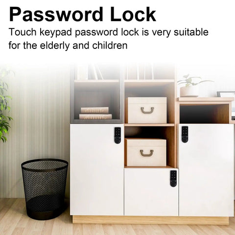 Rock Solid Electronic Cabinet Deadbolt Digital Touch Keypad Password Lock Keyless Entry Panel on wooden storage unit.