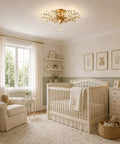 Vintage K9 Clear Crystal Chandeliers Gold Finish Five Light Ceiling Pendant Lighting Fixture in a nursery room.