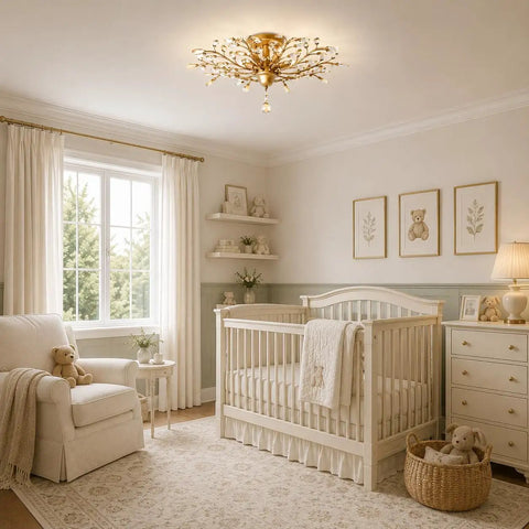 Vintage K9 Clear Crystal Chandeliers Gold Finish Five Light Ceiling Pendant Lighting Fixture in a nursery room.