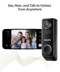 Dual Cameras 2K QHD Video Doorbell With Motion Detection, Chime Included shown with smartphone app interface displaying family.