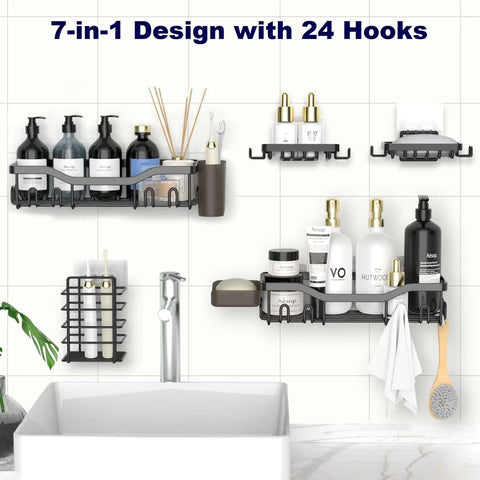 7 Pack Adhesive Shower Caddies With 24 Hooks Rustproof Stainless Steel Bathroom Shelves displayed on a tiled wall with toiletries.
