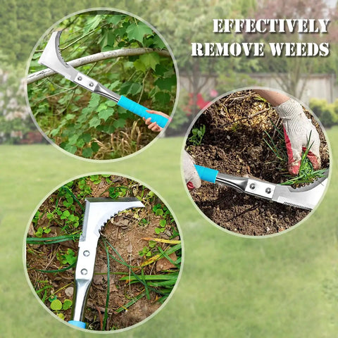 Crack Weeder Sawtooth Wave Manual Weeding Tool Stainless Steel Garden Scythe For Moss Cracks And Edges with blue handle in use.