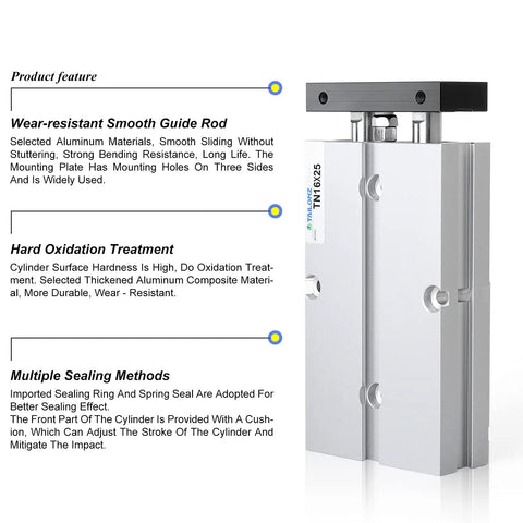 Pneumatic Air Cylinder 16mm Bore 25mm Stroke Beefy Aluminum Body Double Rod Double Acting, Model TN16-25 with features