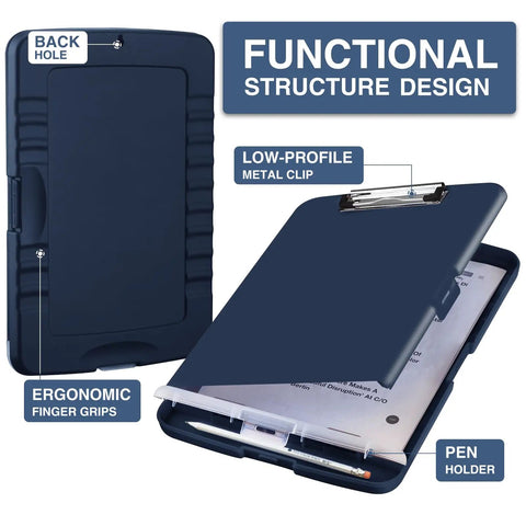 Clipboard With Storage And Pen Holder 8 Point 5 By 11 Inch Clip Board Plastic Organizer Case featuring back hole and pen holder
