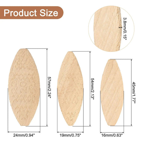 100 Pcs Wood Joiner Biscuits Beech Wood Dowels Set In Three Sizes shown with measurements for carpentry projects.