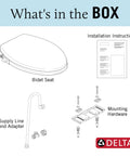 Diagram of Elongated Soft Close Bidet Seat With Manual Control And Self Cleaning Wand, installation essentials included.