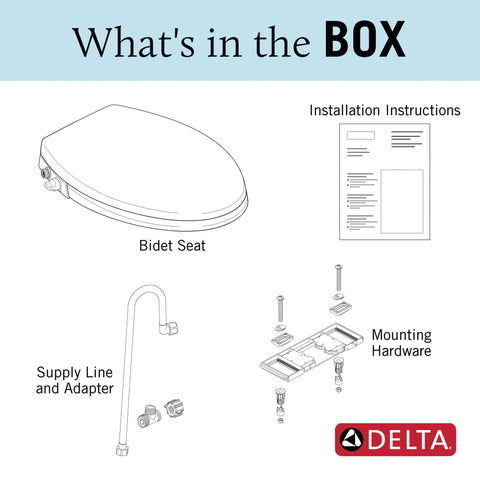 Diagram of Elongated Soft Close Bidet Seat With Manual Control And Self Cleaning Wand, installation essentials included.