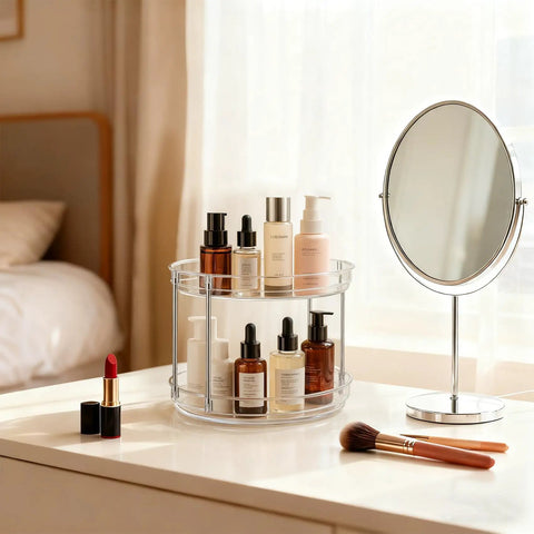 Two Pack Two Tier Clear Acrylic Lazy Susan Turntable Organizer holding skincare bottles on a vanity table next to a mirror.