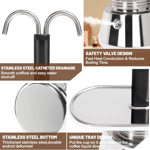 Premium Stainless Steel Moka Pot With Heavy Duty Dual Pipe Flow Tech For Pullin Quick Stovetop Espresso On Gas Or Induction Cooktops close-up of safety valve and drainage features.