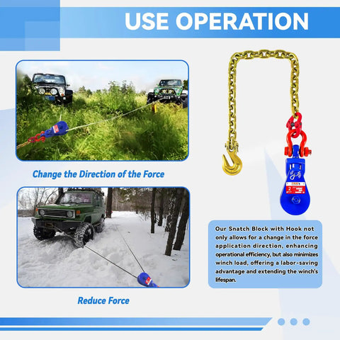 Heavy Duty Snatch Block With G80 Chain And Swivel Shackle 3 Inch Sheave For 3/8 Inch Wire Rope 4400 Lb Working Load Limit Ideal For Towing Recovery And Winching Tow Trucks Rollback Wreckers And Car Haulers showing off-road winching use