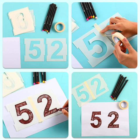 Easy DIY Curb Address Stencil Kit with 0-9 Reusable Plastic Number Stencils, Includes 2 Rolls Masking Tape, showing painting process