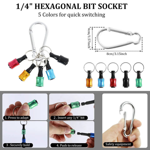 One Quarter Inch Hex Bit Holder Keychain Kit With Quick Change System shown with colorful bit sockets and carabiner